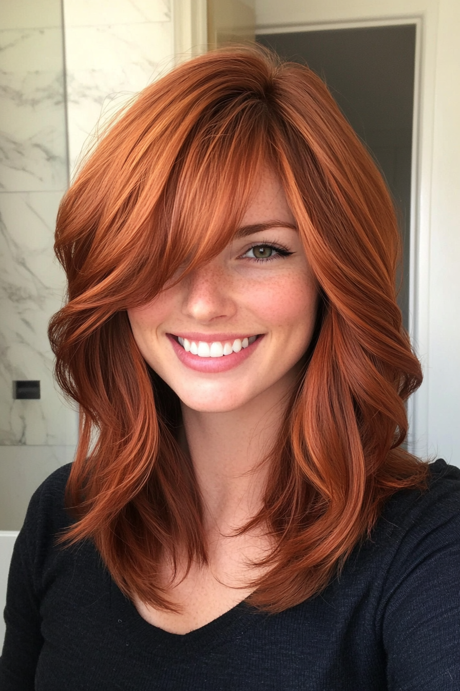 6. Rich Auburn Face-Framing Layers with Micro Bangs (Haircuts With Bangs And Layers) - Haircuts With Bangs And Layers