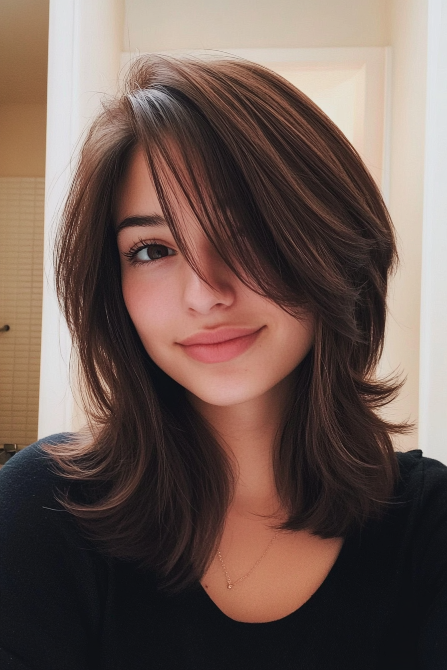 7. Dark Brown Layered Lob with Long Curtain Bangs (Haircuts With Bangs And Layers) - Haircuts With Bangs And Layers