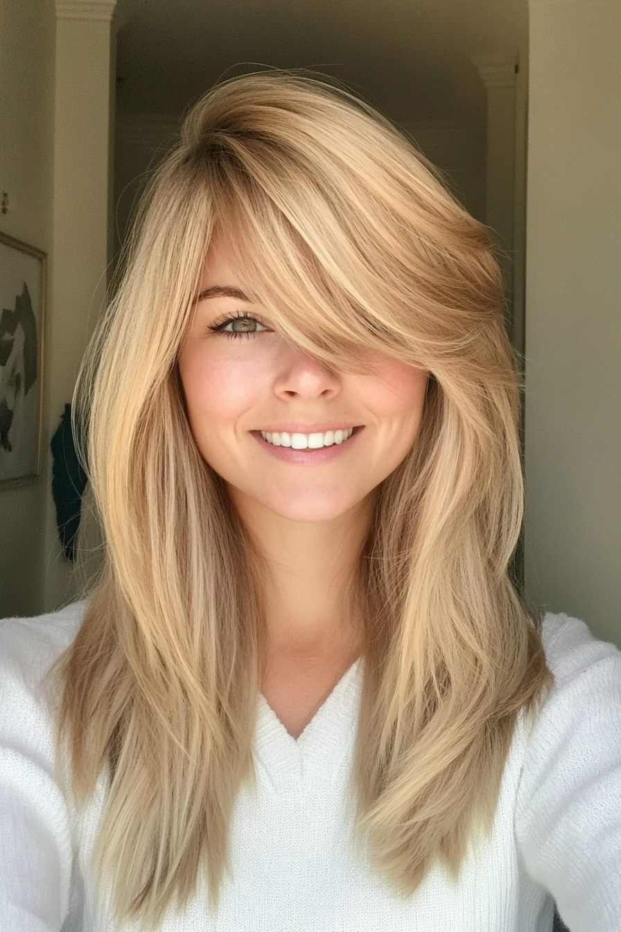 8. Honey Blonde Feathered Layers with Side-Swept Bangs (Haircuts With Bangs And Layers) - Haircuts With Bangs And Layers