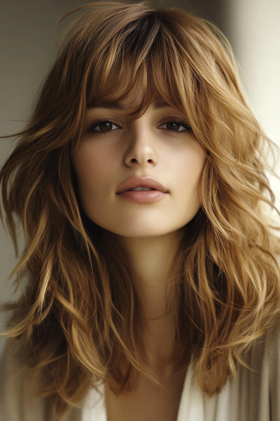 10. Caramel Brown Layered Waves with Bardot Bangs (Haircuts With Bangs And Layers) - Haircuts With Bangs And Layers