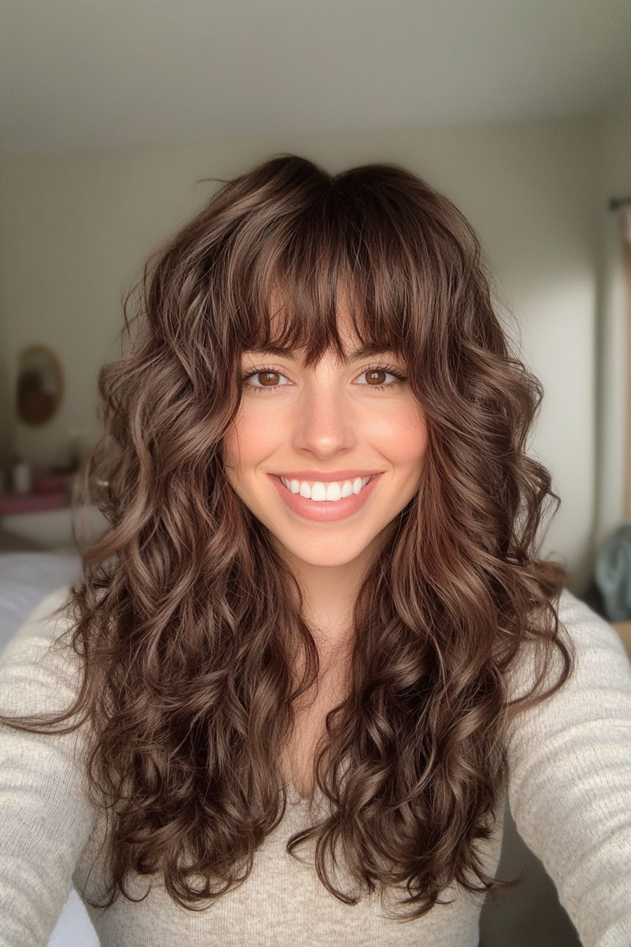 11. Espresso Brown Long Shag with Curly Bangs (Haircuts With Bangs And Layers) - Haircuts With Bangs And Layers