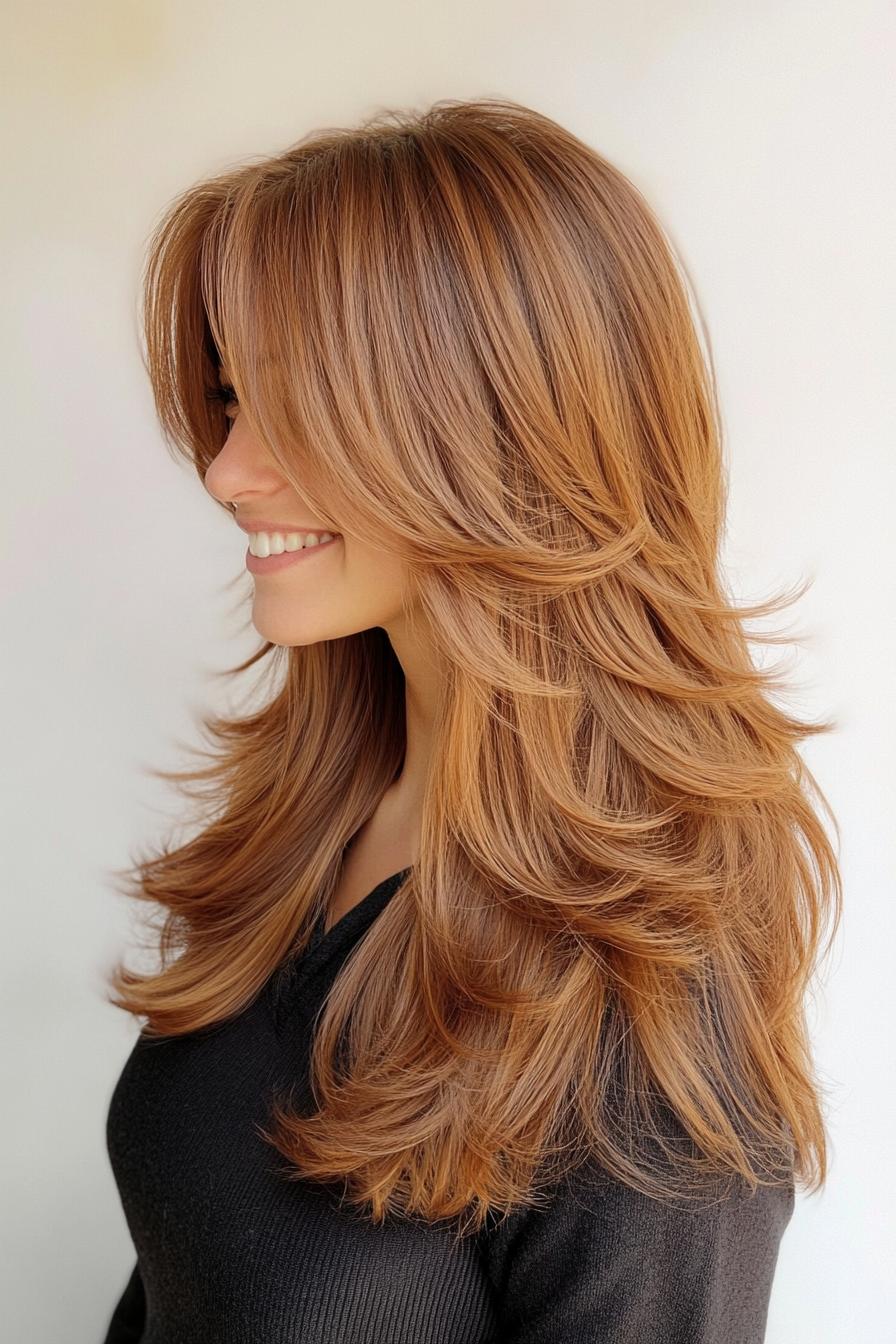 12. Golden Brown Cascade Layers with Arched Bangs (Haircuts With Bangs And Layers) - Haircuts With Bangs And Layers