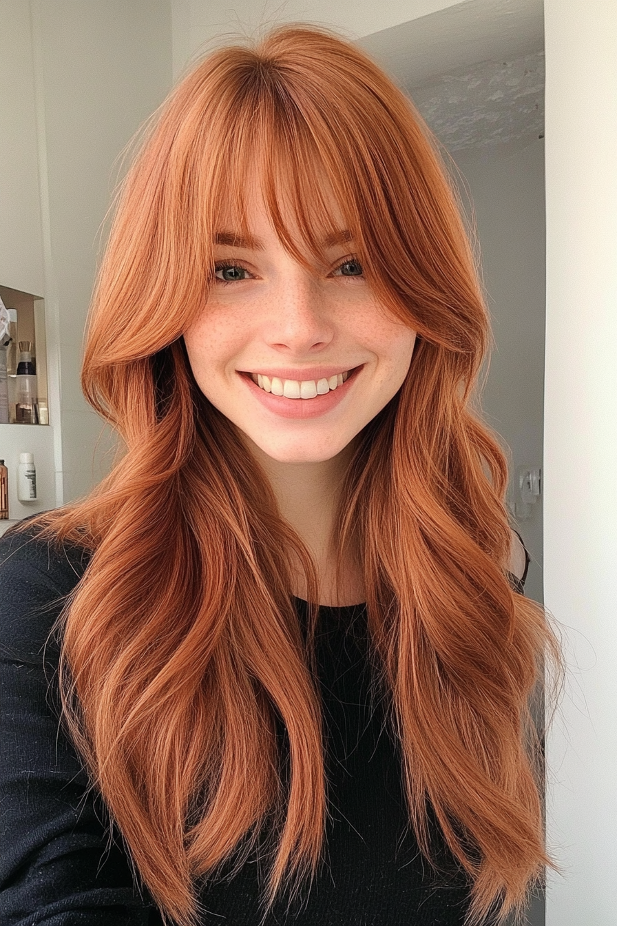14. Copper-Toned Long Layers with Tapered Bangs (Haircuts With Bangs And Layers) - Haircuts With Bangs And Layers