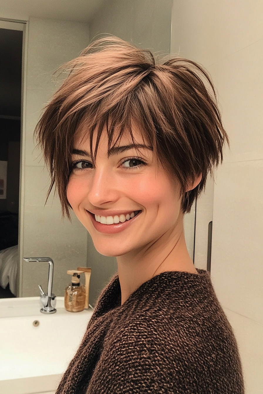 15. Warm Brunette Pixie with Layered Bangs (Haircuts With Bangs And Layers) - Haircuts With Bangs And Layers