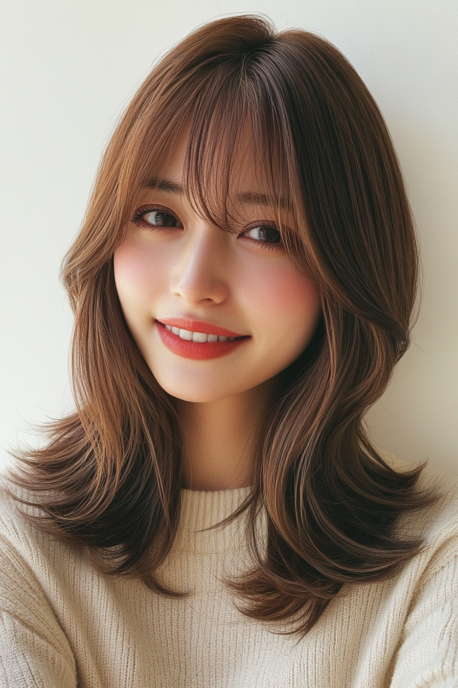 16. Light Brown Layered Lob with Curtain Fringe (Haircuts With Bangs And Layers) - Haircuts With Bangs And Layers