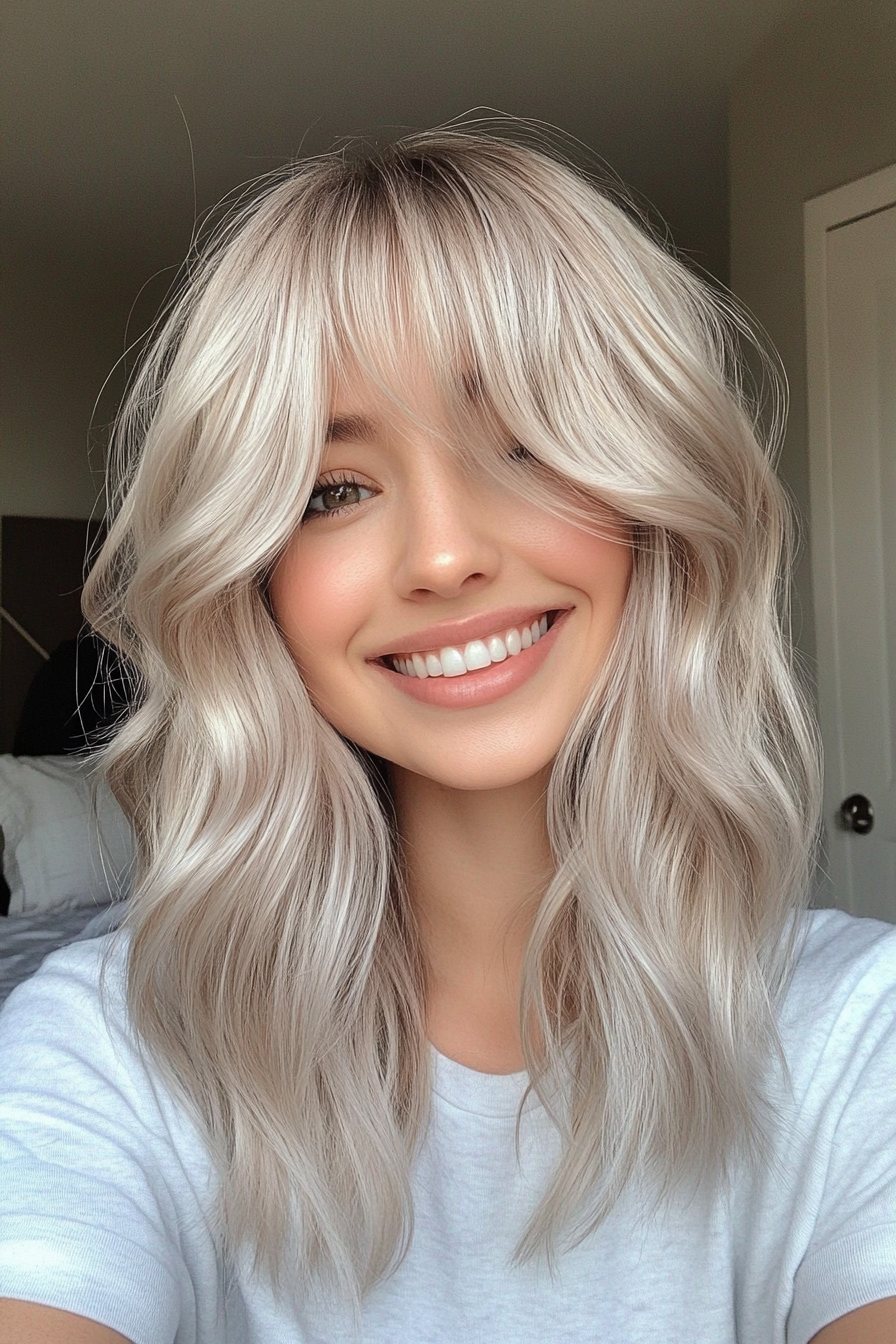 17. Platinum Blonde Wavy Layers with Swoop Bangs (Haircuts With Bangs And Layers) - Haircuts With Bangs And Layers
