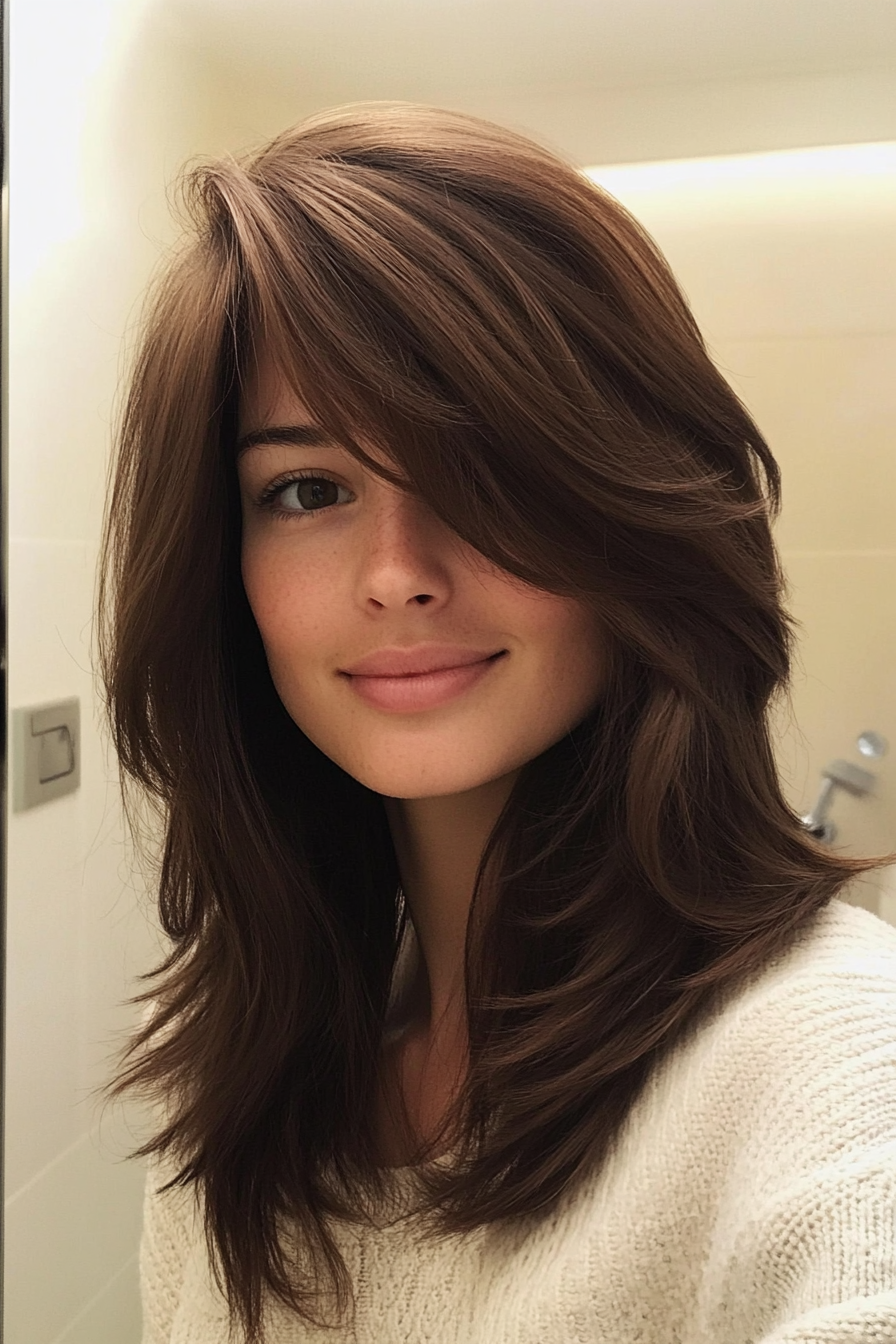 19. Cinnamon Brown Layered Cut with Side Bangs (Haircuts With Bangs And Layers) - Haircuts With Bangs And Layers