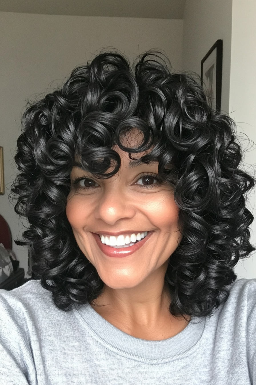 20. Natural Black Spiral Layers with Fringe Bangs (Haircuts With Bangs And Layers) - Haircuts With Bangs And Layers