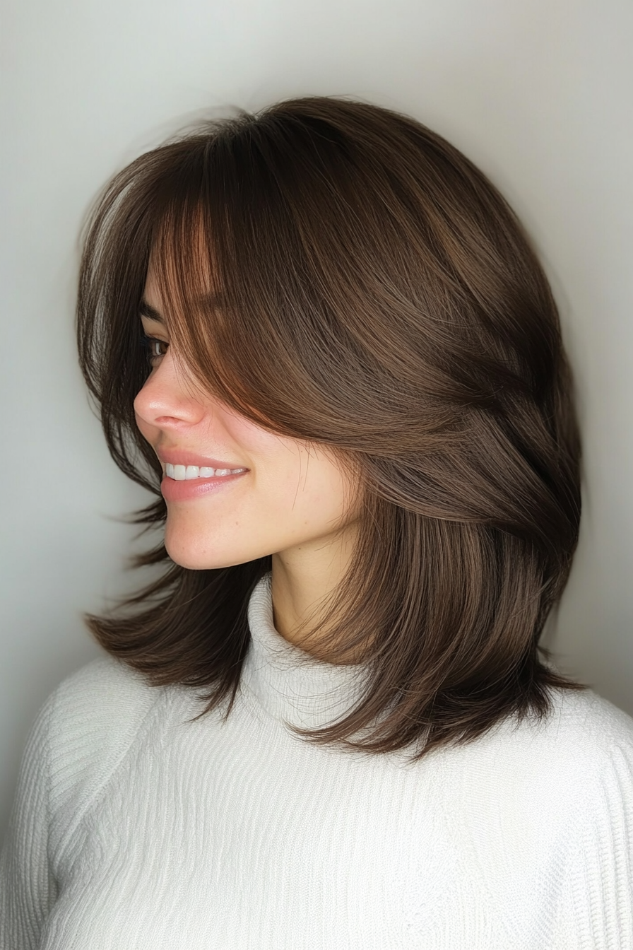 21. Mocha Brown Layered Lob with Face-Framing Bangs (Haircuts With Bangs And Layers) - Haircuts With Bangs And Layers
