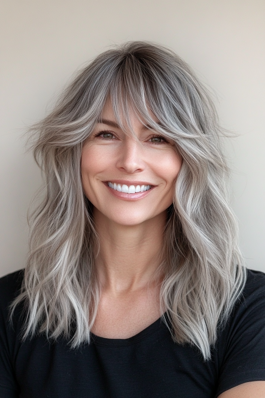 22. Ash Gray Blonde Textured Cut with Bardot Fringe (Haircuts With Bangs And Layers) - Haircuts With Bangs And Layers