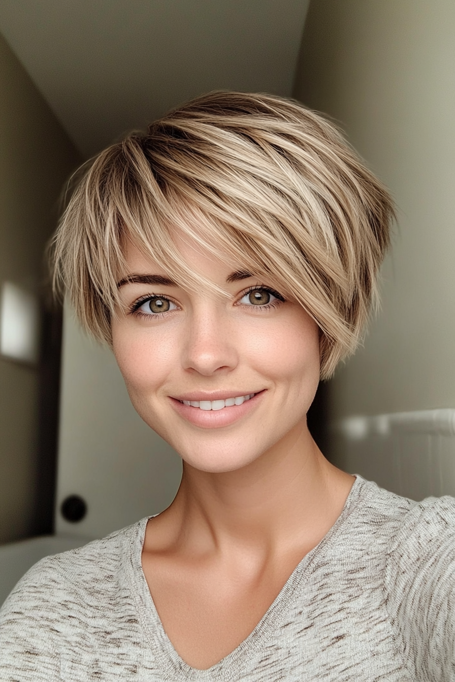 23. Warm Blonde Layered Pixie with Tapered Bangs (Haircuts With Bangs And Layers) - Haircuts With Bangs And Layers