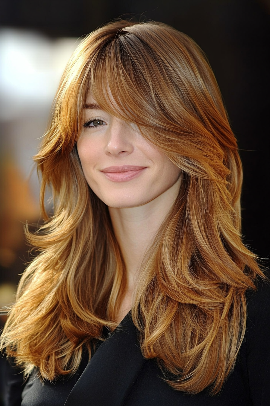 24. Golden Chestnut Long Layers with Wispy Curtain Bangs (Haircuts With Bangs And Layers) - Haircuts With Bangs And Layers