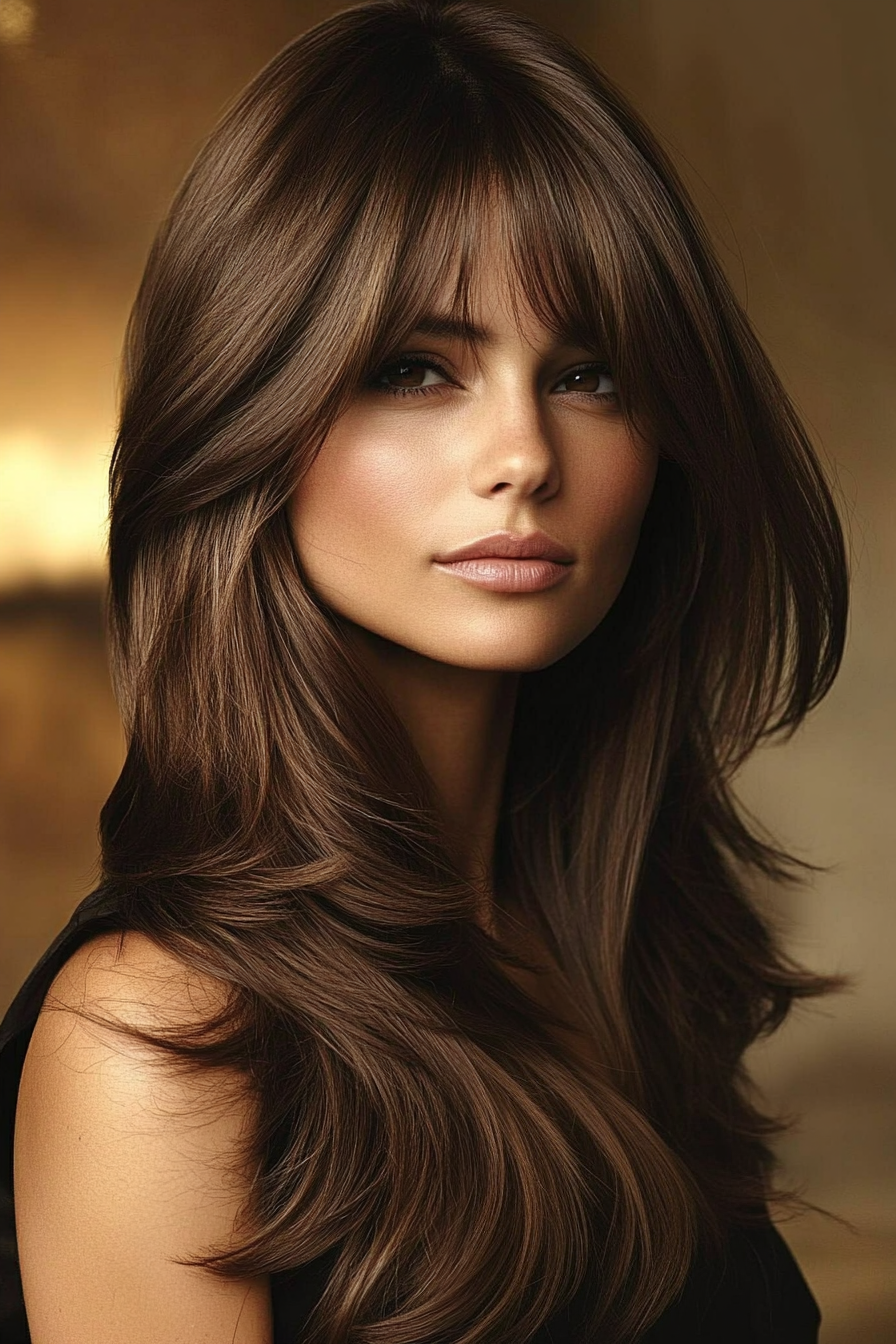 25. Cool Dark Brown Sleek Layers with Arched Bangs (Haircuts With Bangs And Layers) - Haircuts With Bangs And Layers