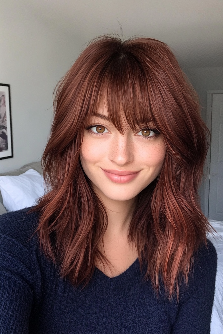 27. Rich Mahogany Shag with Textured Bangs (Haircuts With Bangs And Layers) - Haircuts With Bangs And Layers