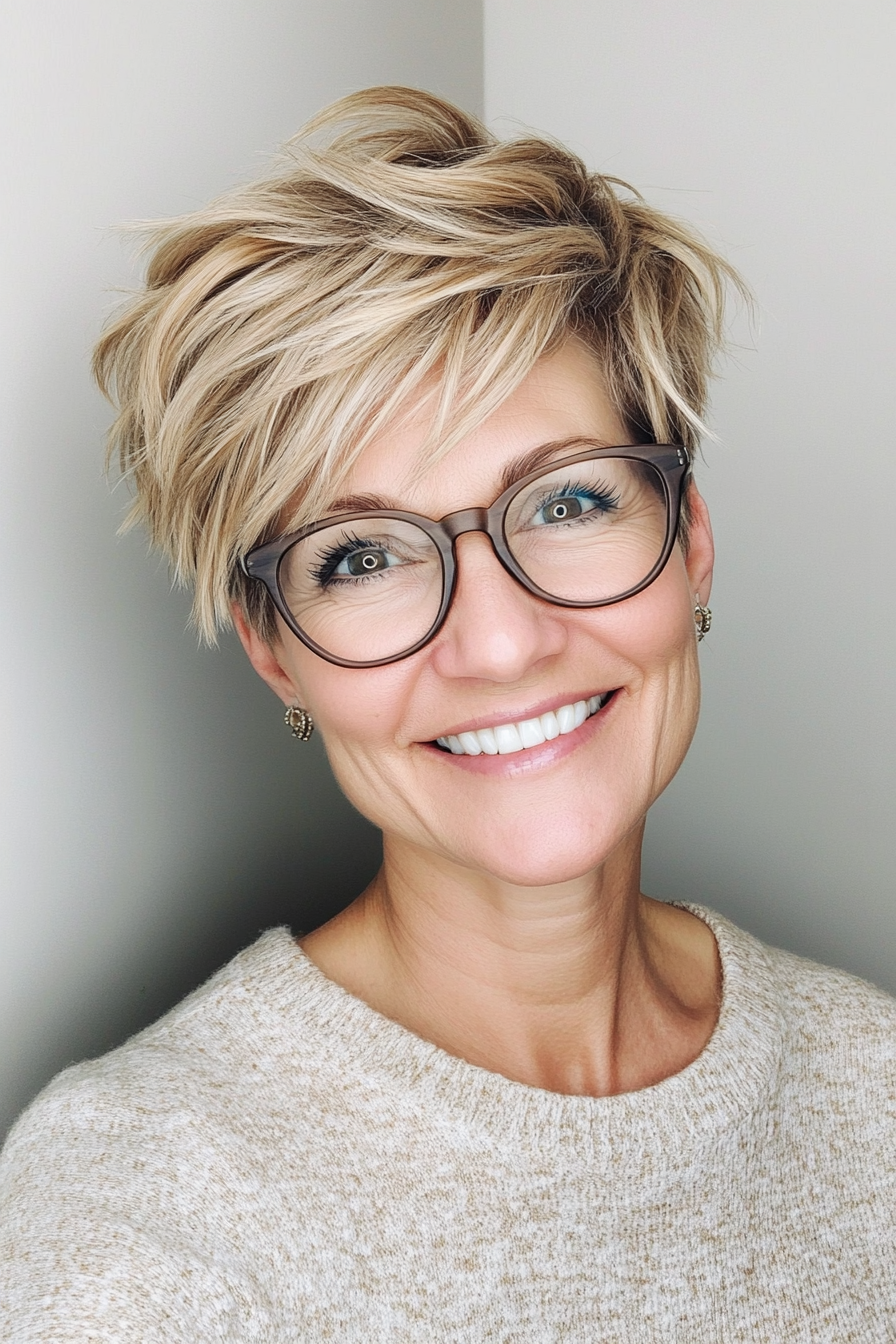 2. Honey Blonde Textured Pixie (Short Hairstyles For Women Over 50 With Glasses) - Short Hairstyles For Women Over 50 With Glasses