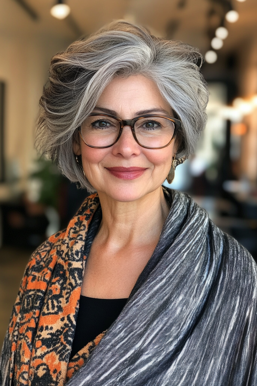 4. Salt-and-Pepper Layered Shag (Short Hairstyles For Women Over 50 With Glasses) - Short Hairstyles For Women Over 50 With Glasses