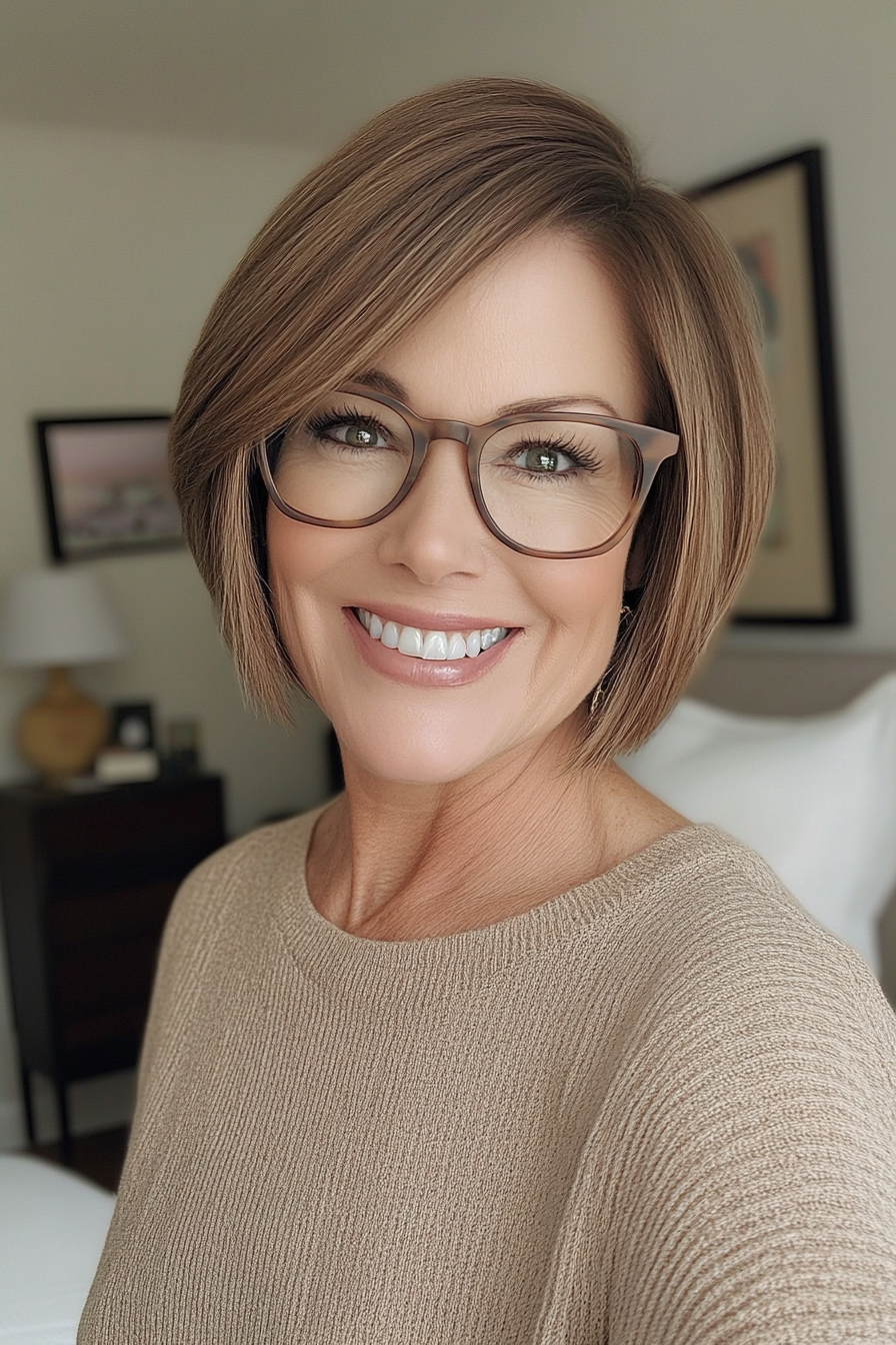5. Sandy Brown Asymmetrical Bob (Short Hairstyles For Women Over 50 With Glasses) - Short Hairstyles For Women Over 50 With Glasses