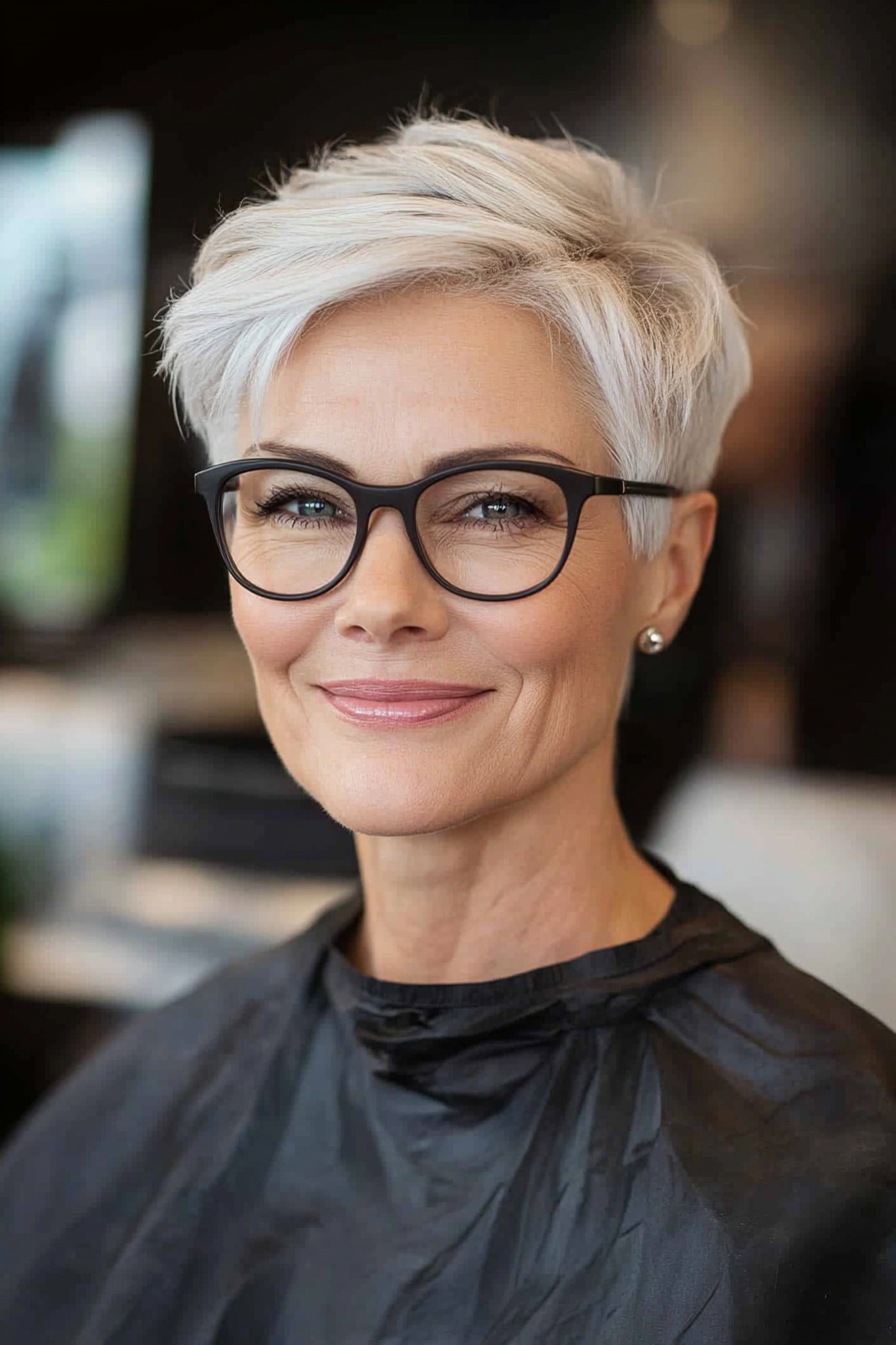 6. Silvery White Pixie with Tapered Sides (Short Hairstyles For Women Over 50 With Glasses) - Short Hairstyles For Women Over 50 With Glasses