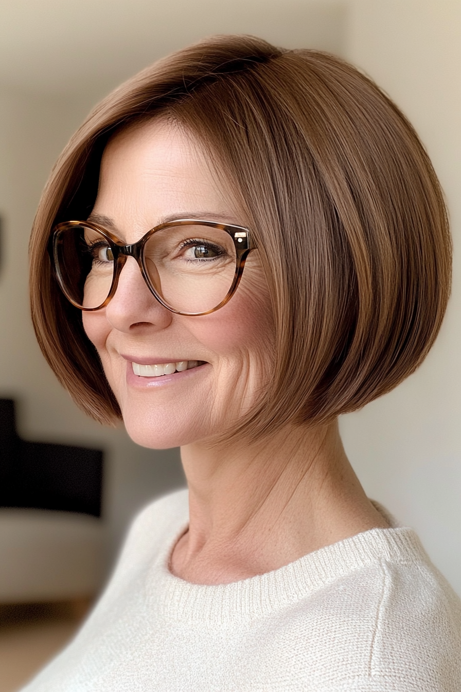 7. Chestnut Brown Graduated Bob (Short Hairstyles For Women Over 50 With Glasses) - Short Hairstyles For Women Over 50 With Glasses