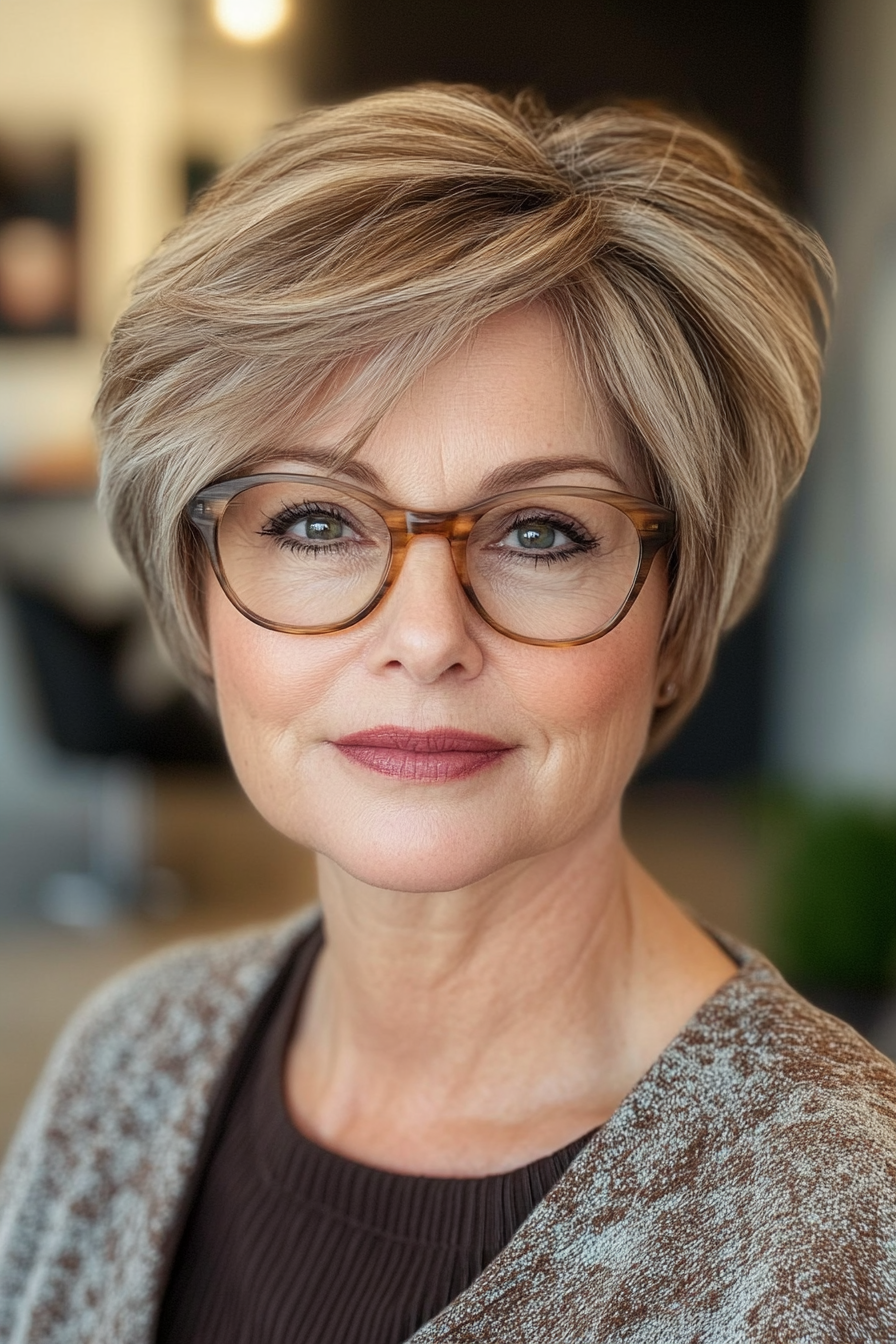 9. Caramel Highlights on a Short Wedge Cut (Short Hairstyles For Women Over 50 With Glasses) - Short Hairstyles For Women Over 50 With Glasses
