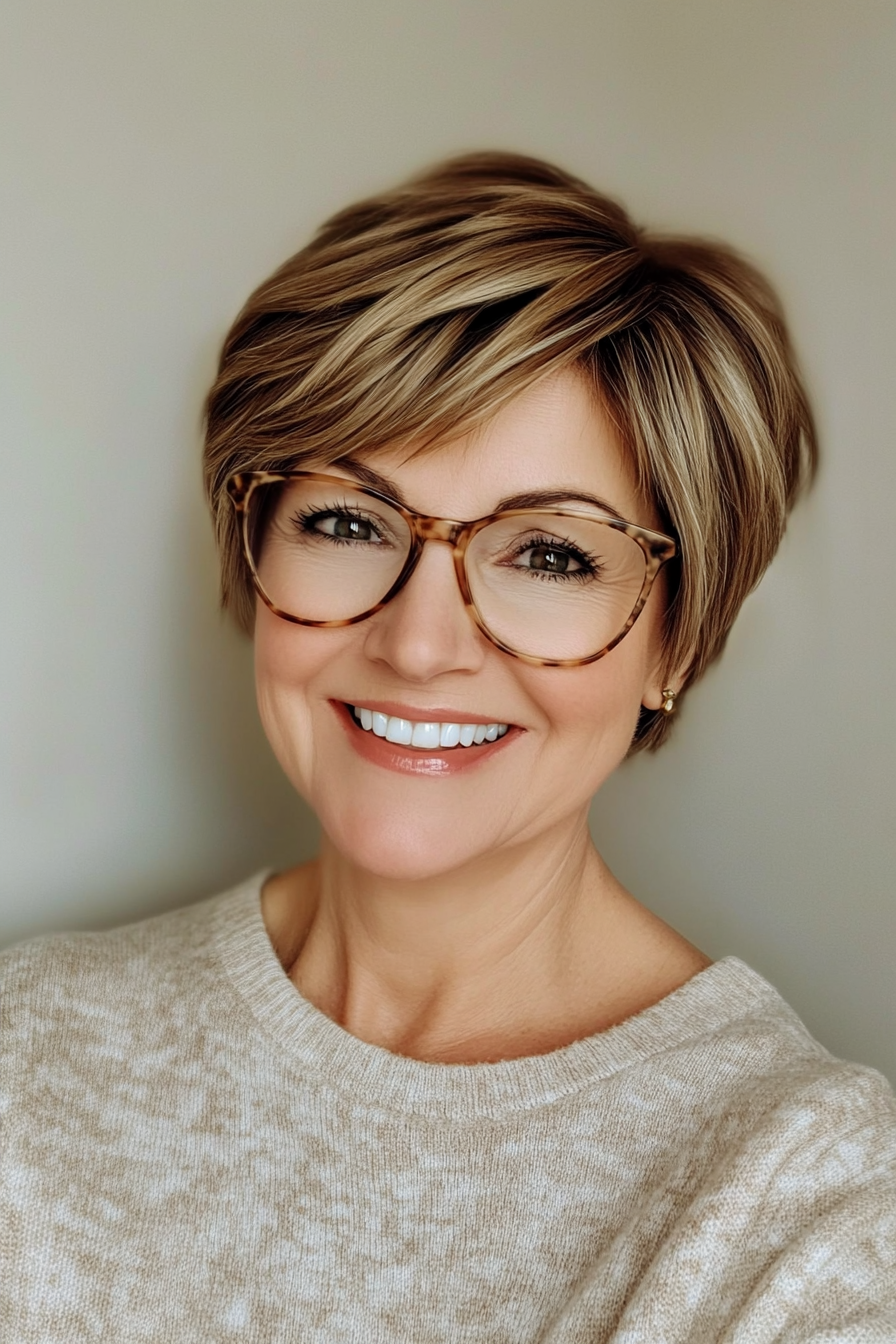 11. Golden Brown Cropped Shag (Short Hairstyles For Women Over 50 With Glasses) - Short Hairstyles For Women Over 50 With Glasses