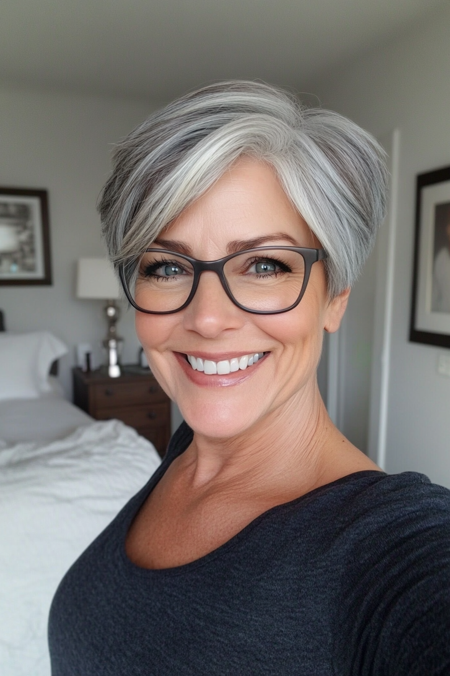 14. Gray Balayage on a Layered Crop (Short Hairstyles For Women Over 50 With Glasses) - Short Hairstyles For Women Over 50 With Glasses