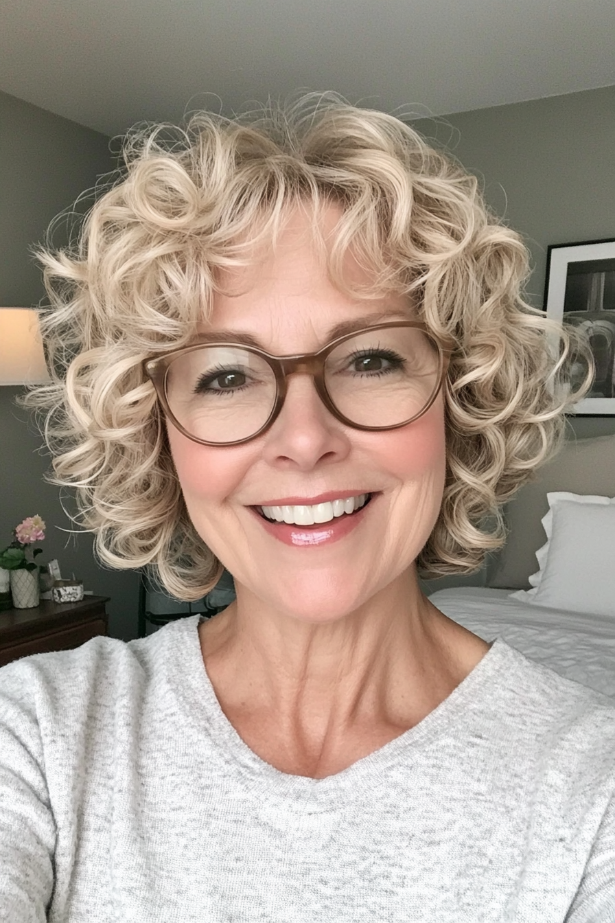 16. Soft Beige Blonde Curly Bob (Short Hairstyles For Women Over 50 With Glasses) - Short Hairstyles For Women Over 50 With Glasses