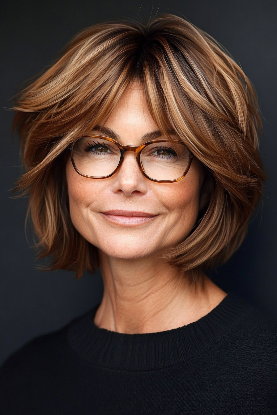 18. Warm Copper Layered Bob (Short Hairstyles For Women Over 50 With Glasses) - Short Hairstyles For Women Over 50 With Glasses