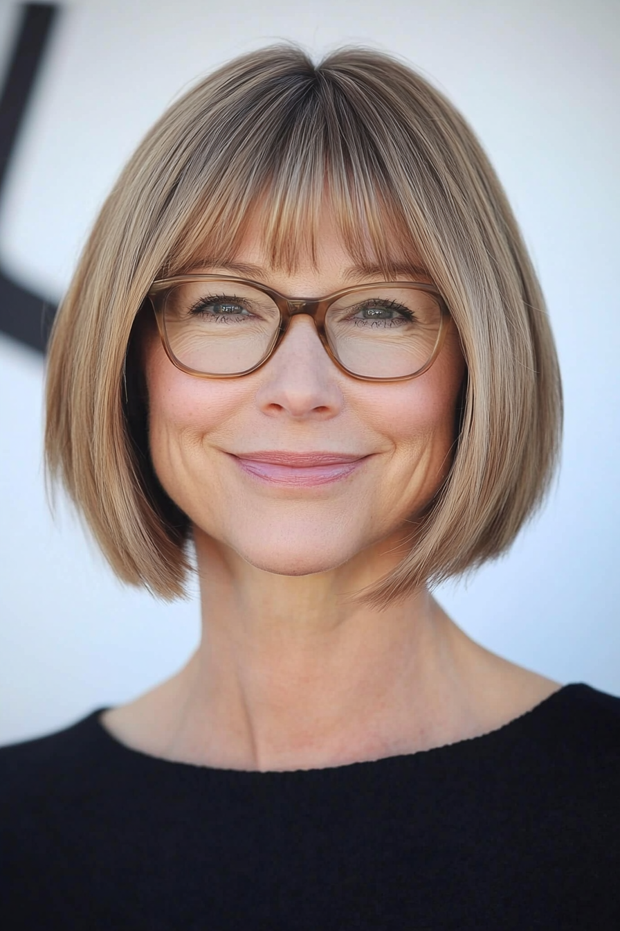 20. Light Brown Straight Bob with Bangs (Short Hairstyles For Women Over 50 With Glasses) - Short Hairstyles For Women Over 50 With Glasses