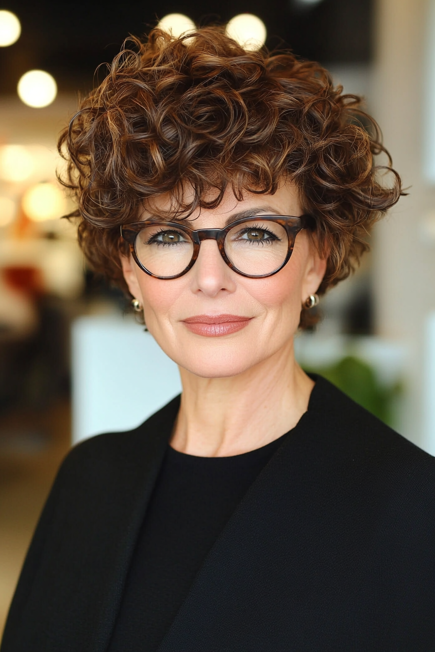 24. Sable Brown Curly Pixie (Short Hairstyles For Women Over 50 With Glasses) - Short Hairstyles For Women Over 50 With Glasses