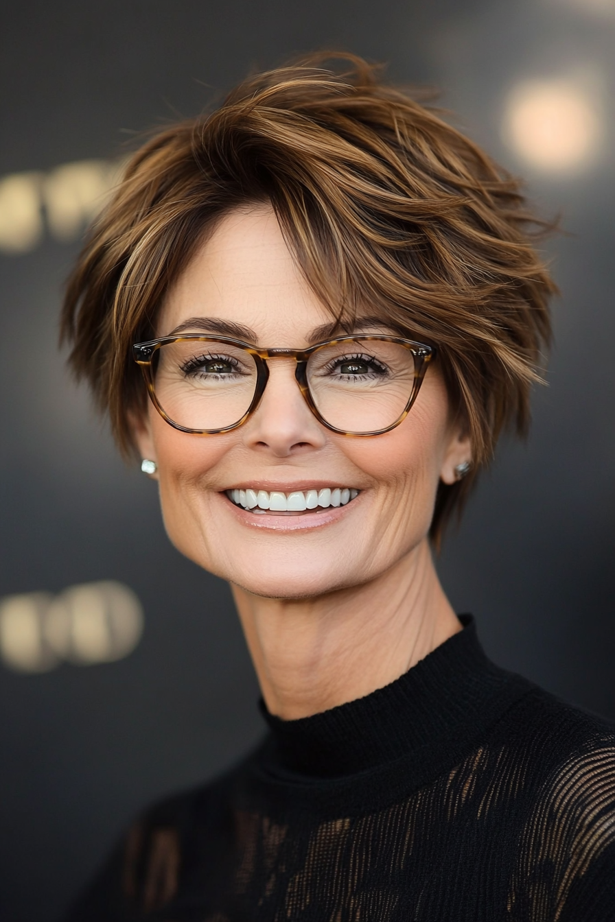 25. Hazelnut Short Textured Cut (Short Hairstyles For Women Over 50 With Glasses) - Short Hairstyles For Women Over 50 With Glasses