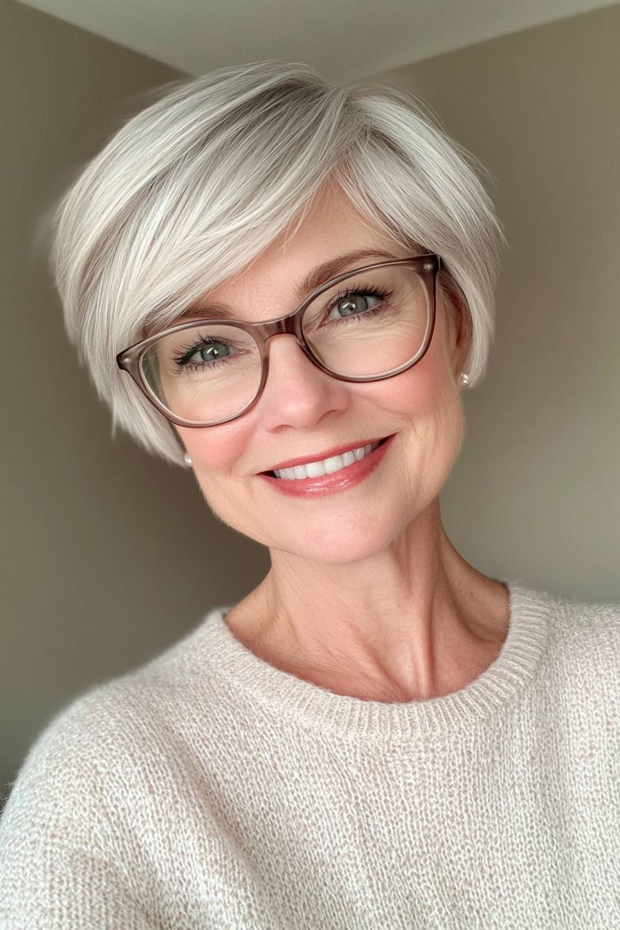 26. Light Gray Soft Layered Crop (Short Hairstyles For Women Over 50 With Glasses) - Short Hairstyles For Women Over 50 With Glasses