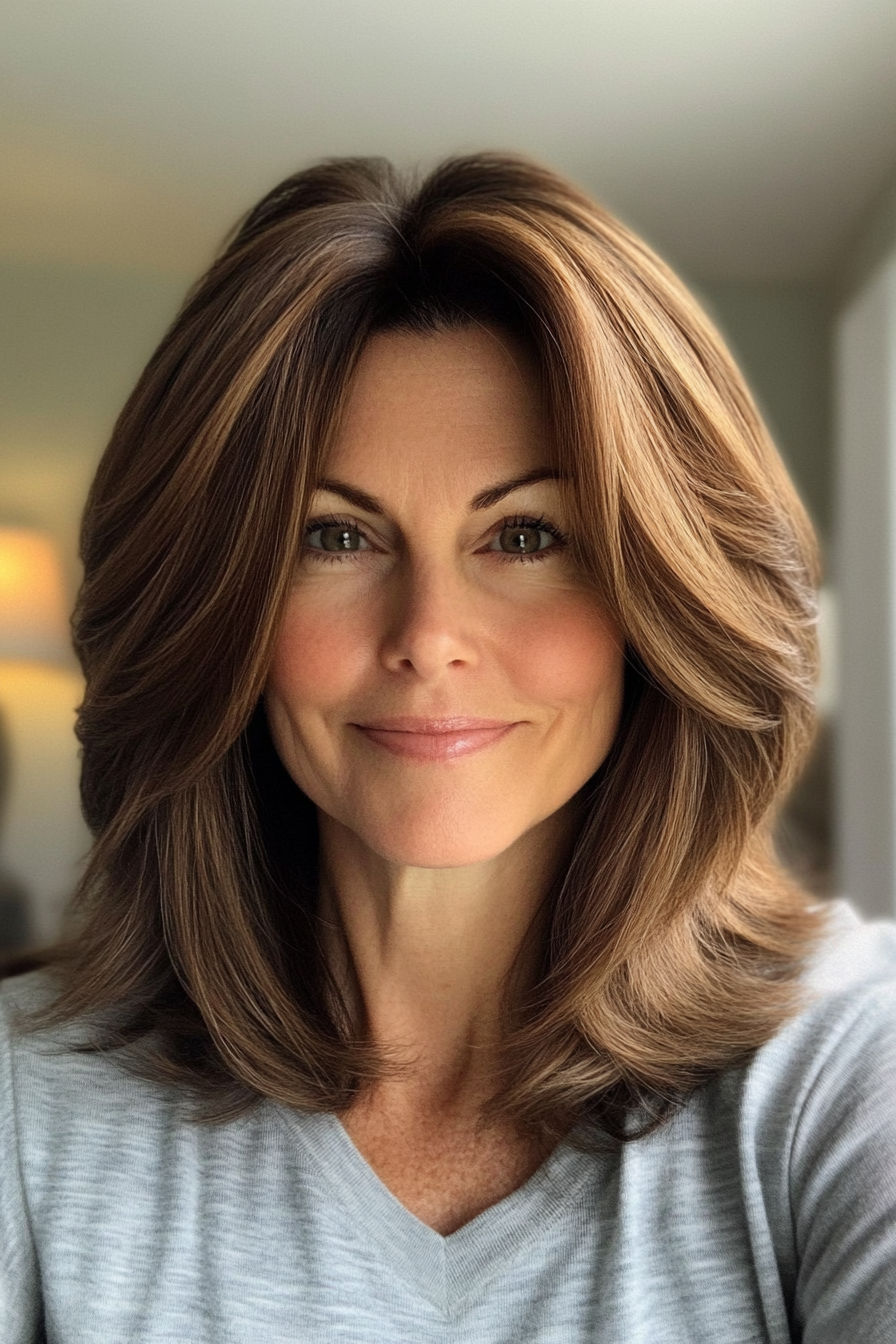 1. Classic Layered Lob with Chestnut Brown (Medium Length Haircuts For Women Over 50) - Medium Length Haircuts For Women Over 50