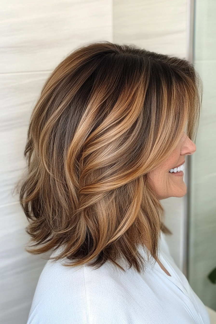 2. Soft Shag with Warm Honey Highlights (Medium Length Haircuts For Women Over 50) - Medium Length Haircuts For Women Over 50