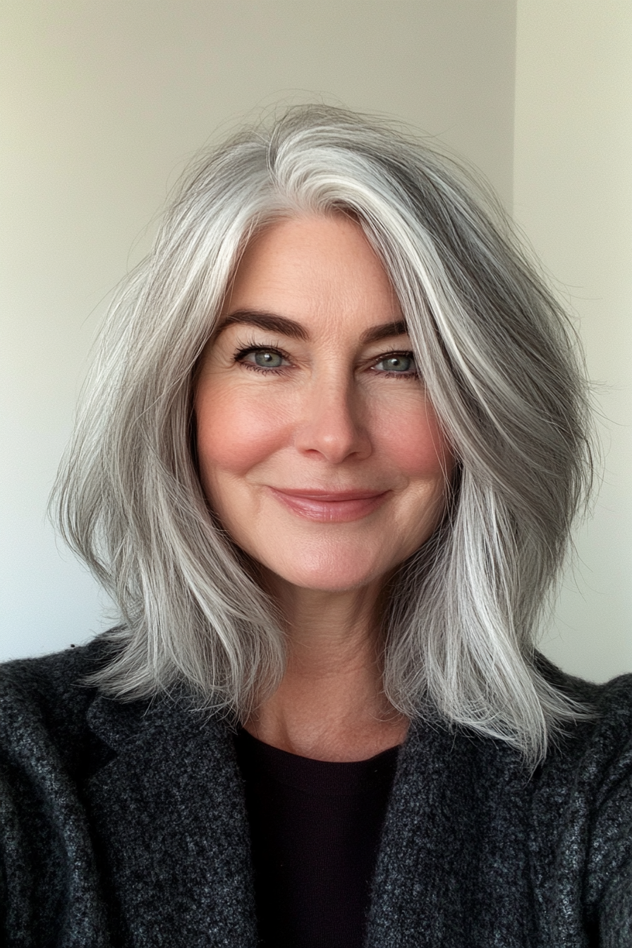 4. Textured Collarbone Cut with Silver Accents (Medium Length Haircuts For Women Over 50) - Medium Length Haircuts For Women Over 50
