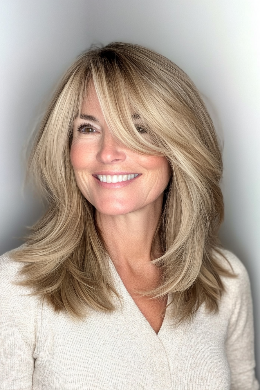 5. Curtain Bangs with Sandy Blonde Layers (Medium Length Haircuts For Women Over 50) - Medium Length Haircuts For Women Over 50