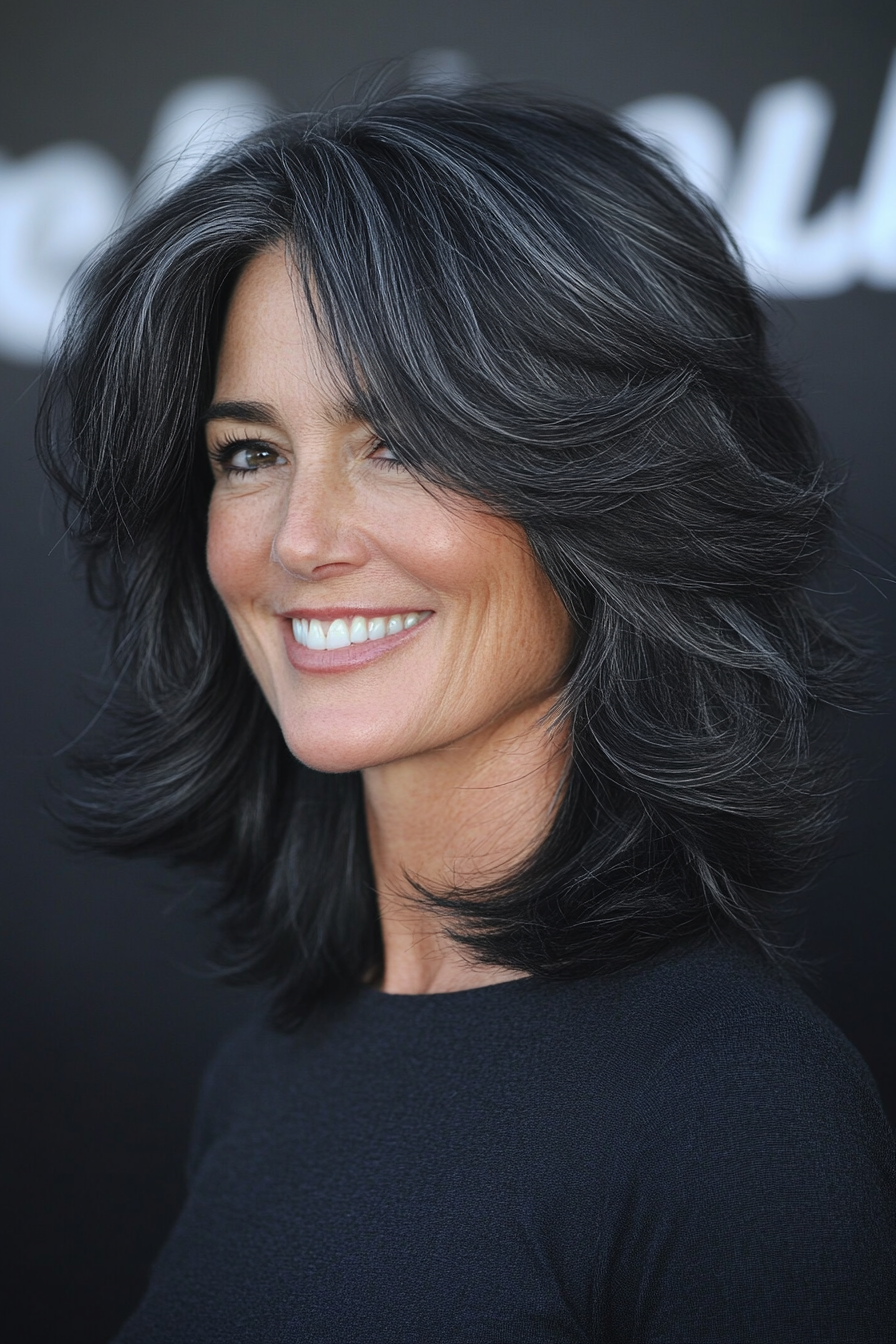 6. Feathered Layers with Soft Black Color (Medium Length Haircuts For Women Over 50) - Medium Length Haircuts For Women Over 50