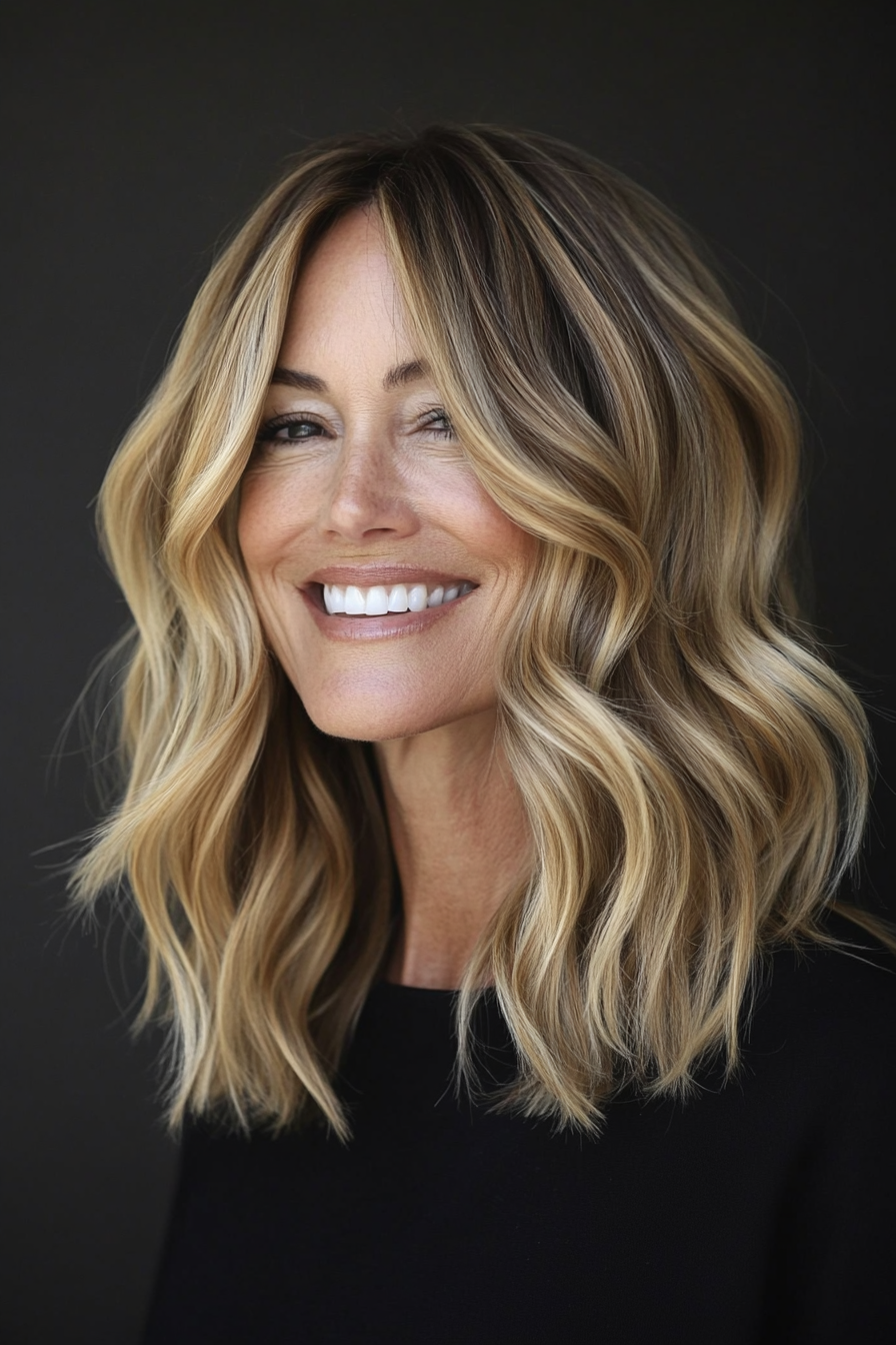 7. Wavy Lob with Golden Blonde Balayage (Medium Length Haircuts For Women Over 50) - Medium Length Haircuts For Women Over 50