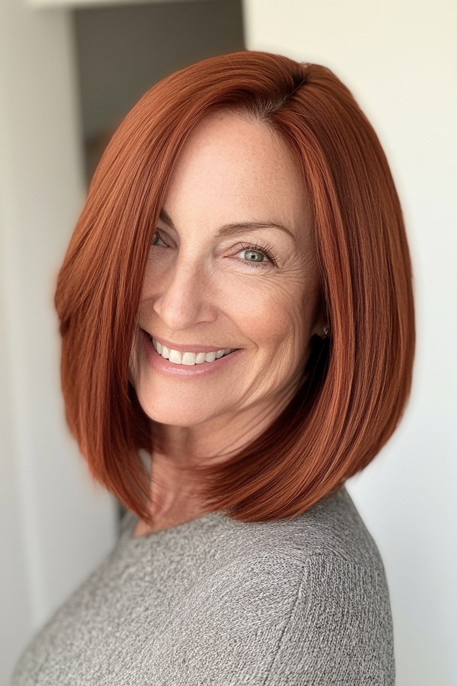 8. Straight Blunt Lob with Rich Auburn (Medium Length Haircuts For Women Over 50) - Medium Length Haircuts For Women Over 50