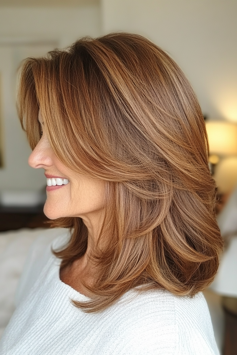 9. Rounded Layers with Chestnut and Subtle Caramel Lowlights (Medium Length Haircuts For Women Over 50) - Medium Length Haircuts For Women Over 50