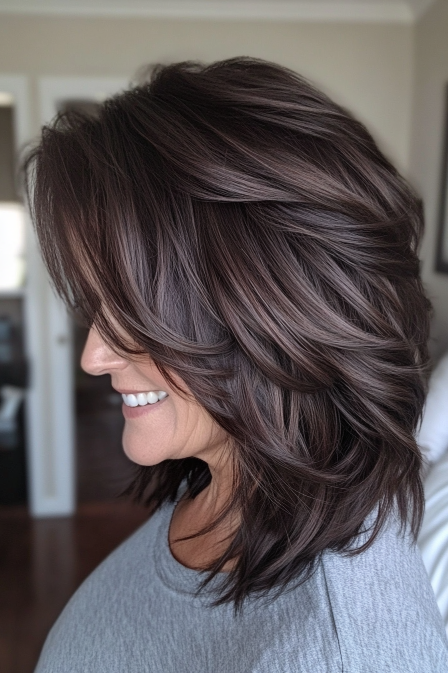 10. Tousled Shoulder-Length Cut with Dark Chocolate Brown (Medium Length Haircuts For Women Over 50) - Medium Length Haircuts For Women Over 50