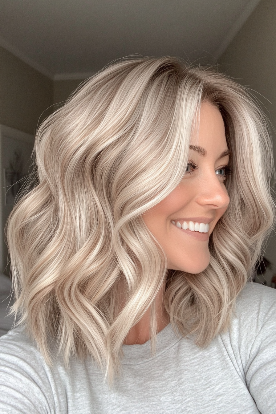 12. Side-Parted Waves with Soft Beige Blonde (Medium Length Haircuts For Women Over 50) - Medium Length Haircuts For Women Over 50
