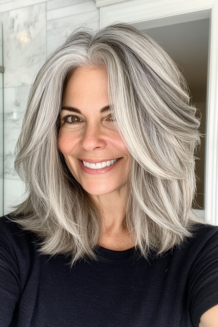 13. Layered Lob with Natural Gray Blend (Medium Length Haircuts For Women Over 50) - Medium Length Haircuts For Women Over 50