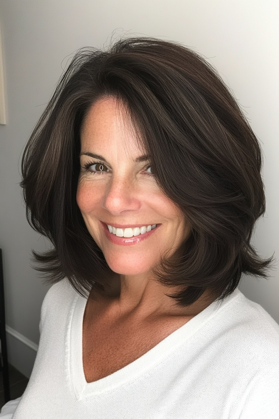 14. Choppy Layers with Cool Dark Brown (Medium Length Haircuts For Women Over 50) - Medium Length Haircuts For Women Over 50