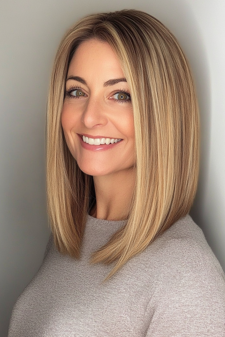 17. Straight Lob with Honey Blonde Highlights (Medium Length Haircuts For Women Over 50) - Medium Length Haircuts For Women Over 50