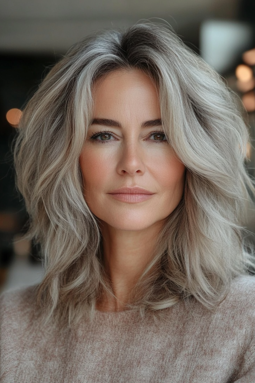 18. Shaggy Lob with Light Brown and Ash Blonde Highlights (Medium Length Haircuts For Women Over 50) - Medium Length Haircuts For Women Over 50