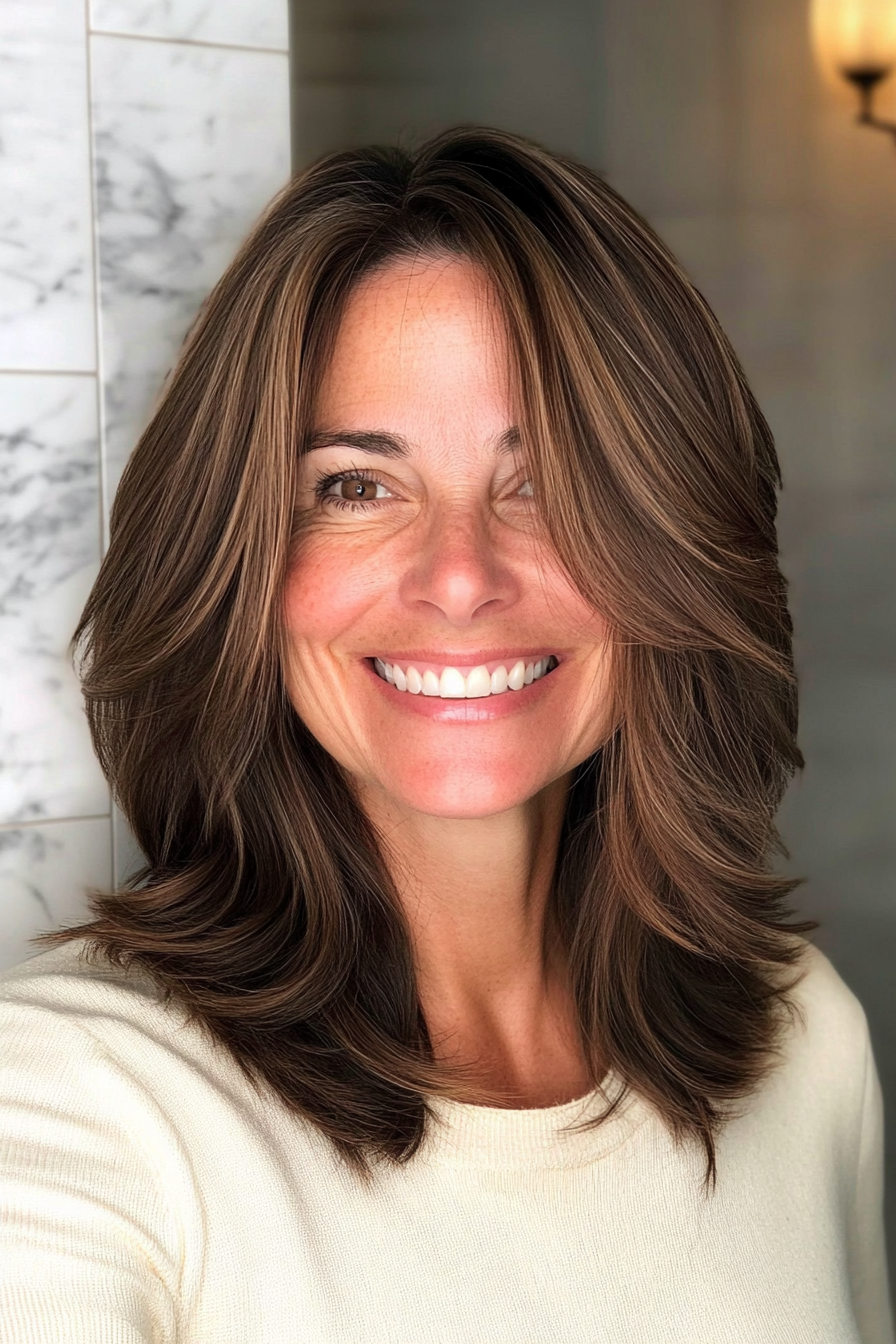 19. Layered Midi Cut with Natural Brunette (Medium Length Haircuts For Women Over 50) - Medium Length Haircuts For Women Over 50