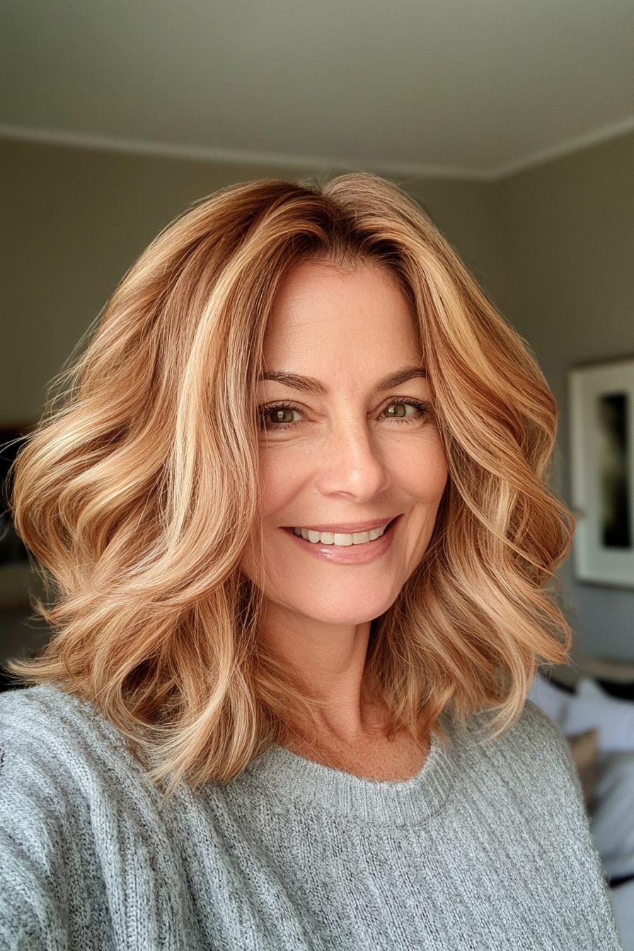 20. Wavy Shoulder-Length Cut with Golden Brown (Medium Length Haircuts For Women Over 50) - Medium Length Haircuts For Women Over 50