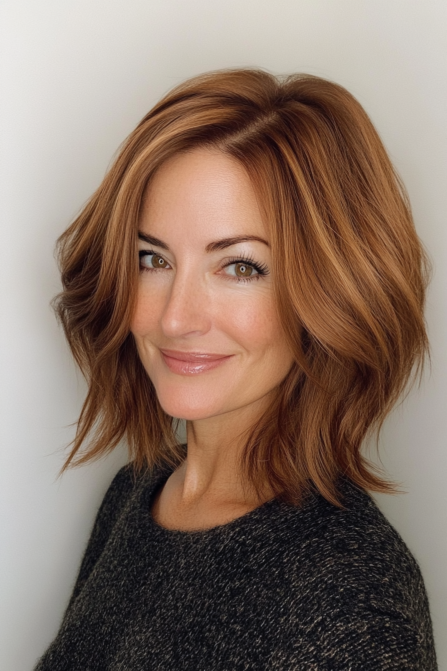 21. Side-Swept Lob with Soft Cinnamon Brown (Medium Length Haircuts For Women Over 50) - Medium Length Haircuts For Women Over 50