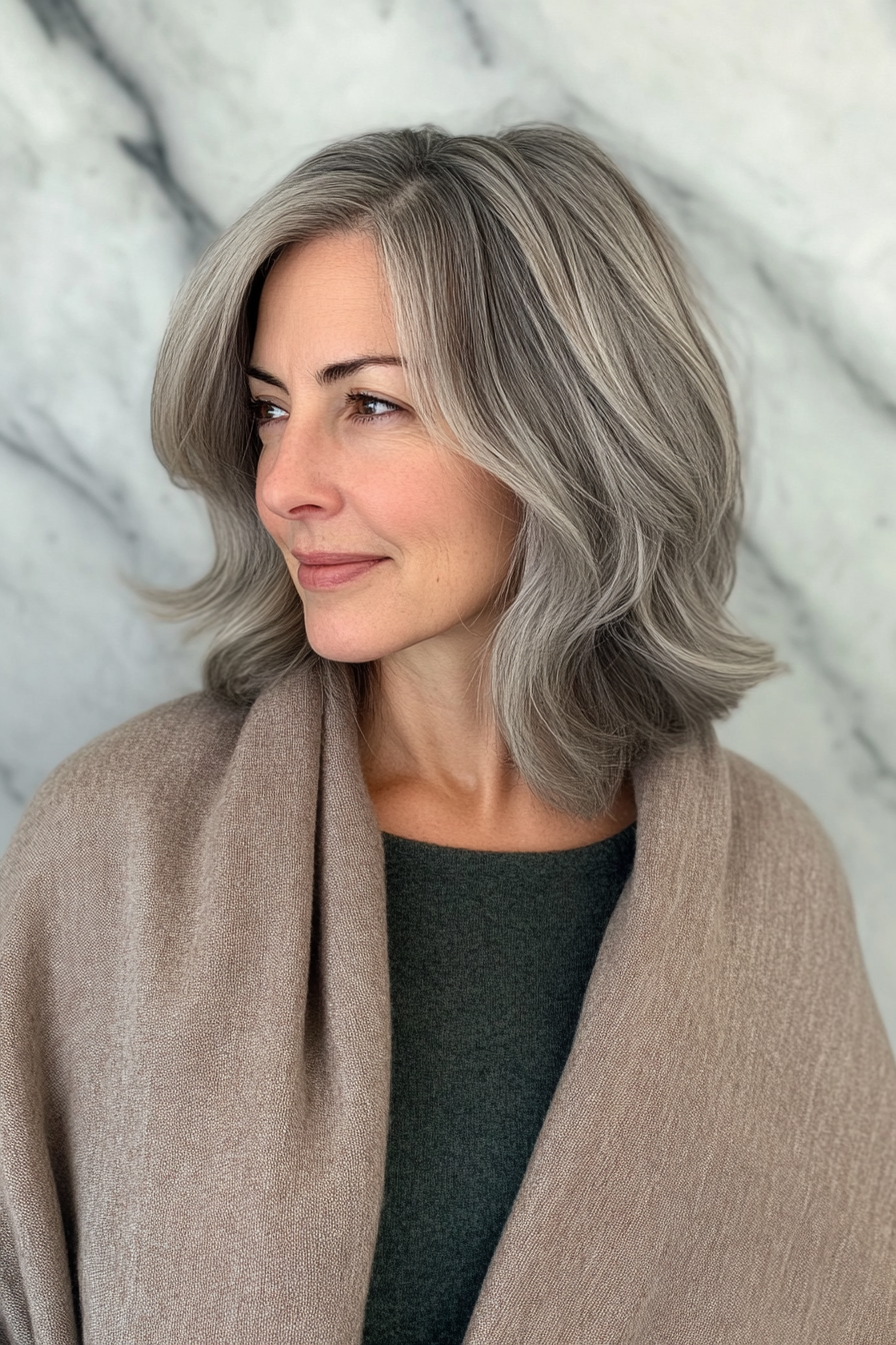 22. Textured Midi Shag with Cool Ash Gray (Medium Length Haircuts For Women Over 50) - Medium Length Haircuts For Women Over 50